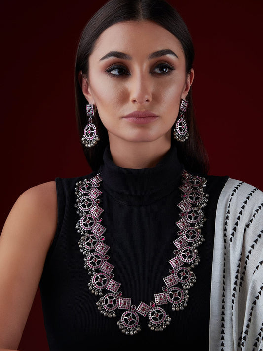 Rubans Silver Oxidised Necklace Set With Studded Pink Stones