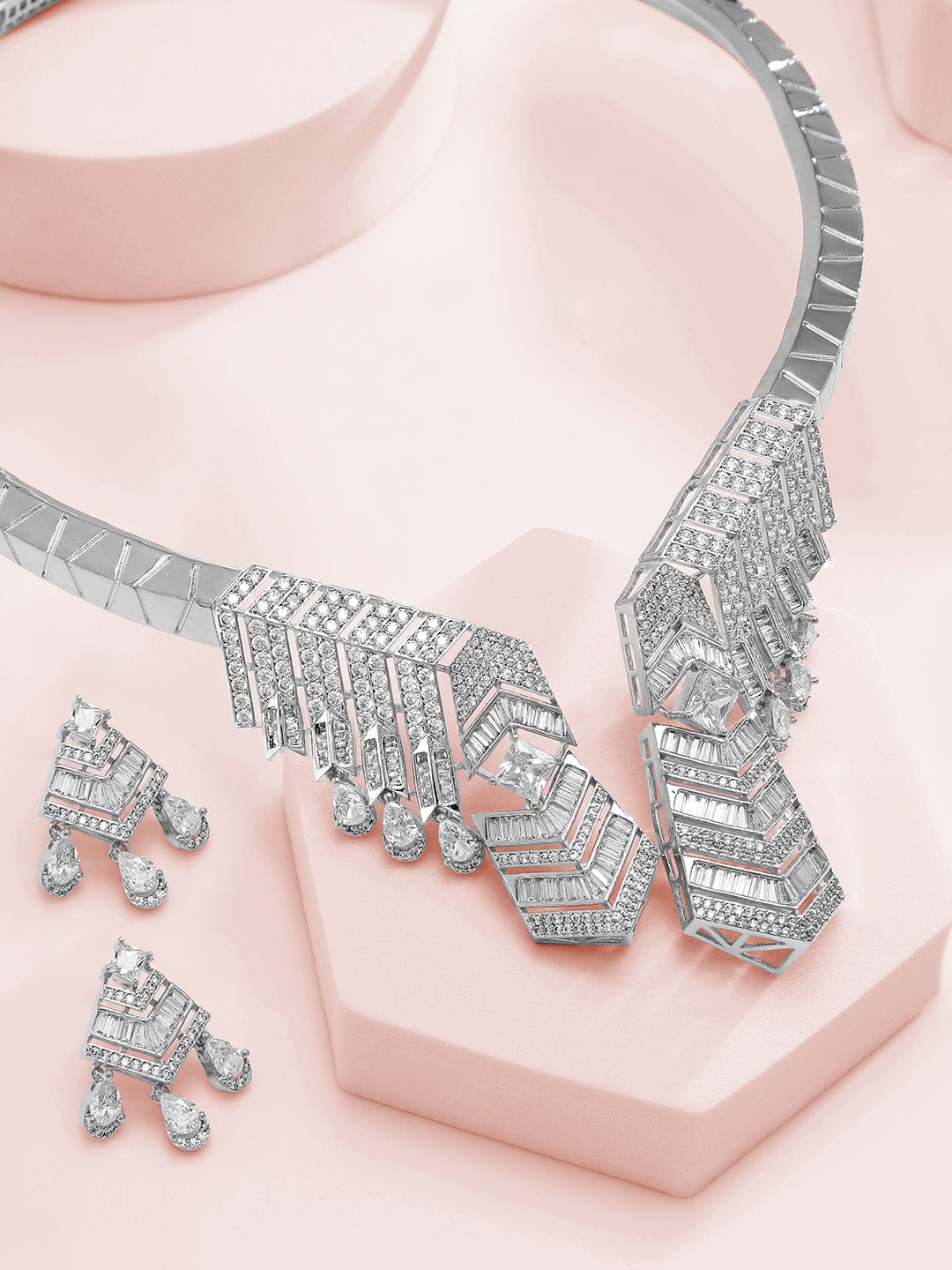 Rubans Silver-Plated AAA Cubic Zirconia Studded Geometric Statement Choker Necklace Set