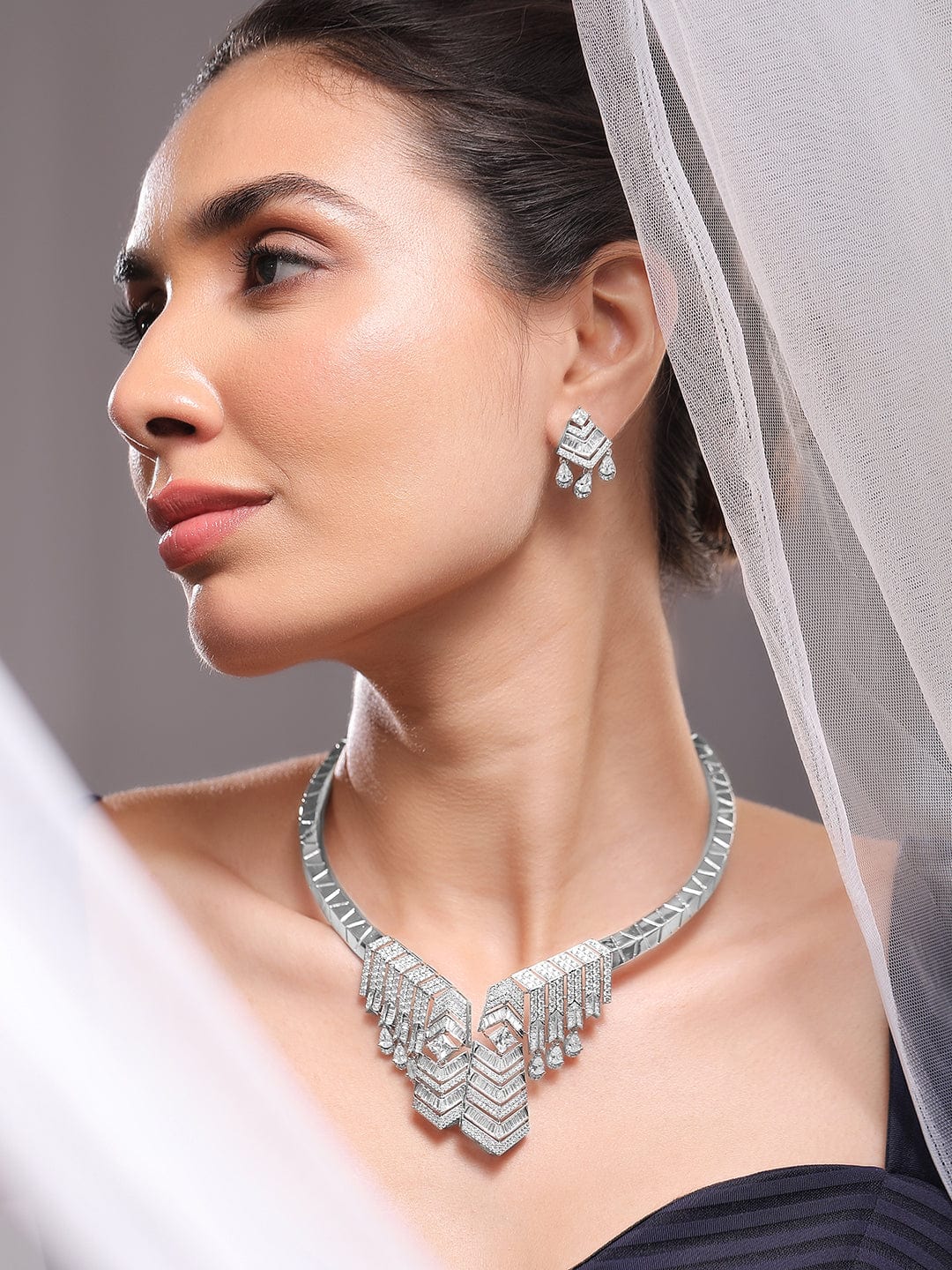 Rubans Silver-Plated AAA Cubic Zirconia Studded Geometric Statement Choker Necklace Set