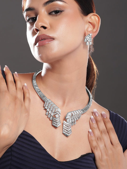 Rubans Silver-Plated AAA Cubic Zirconia Studded Geometric Statement Choker Necklace Set