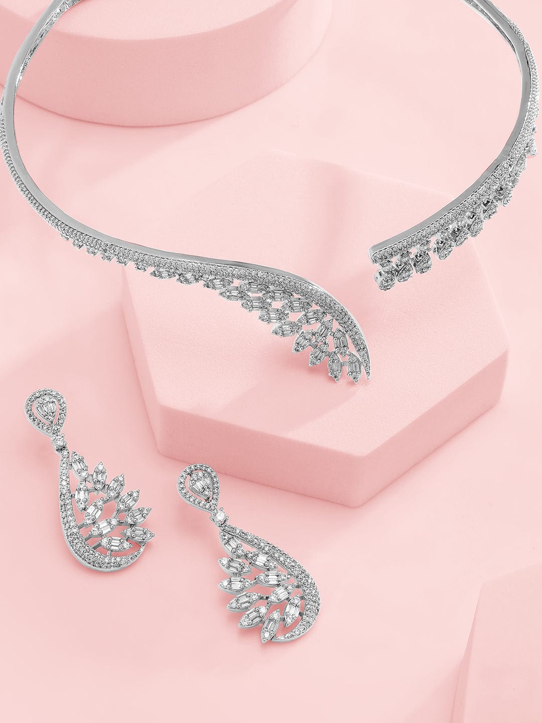 Rubans Silver-Plated AAA Cubic Zirconia Studded Leaf-Inspired Statement Choker Necklace Set