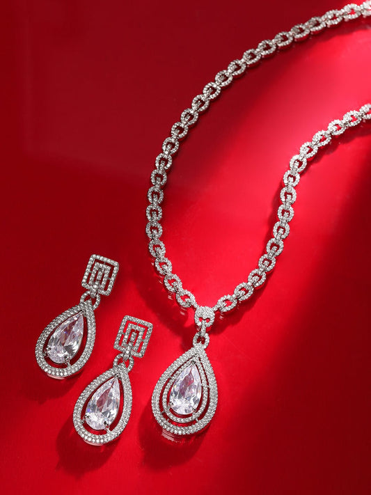 Rubans Silver-Plated AD Studded Necklace Jewellery Set