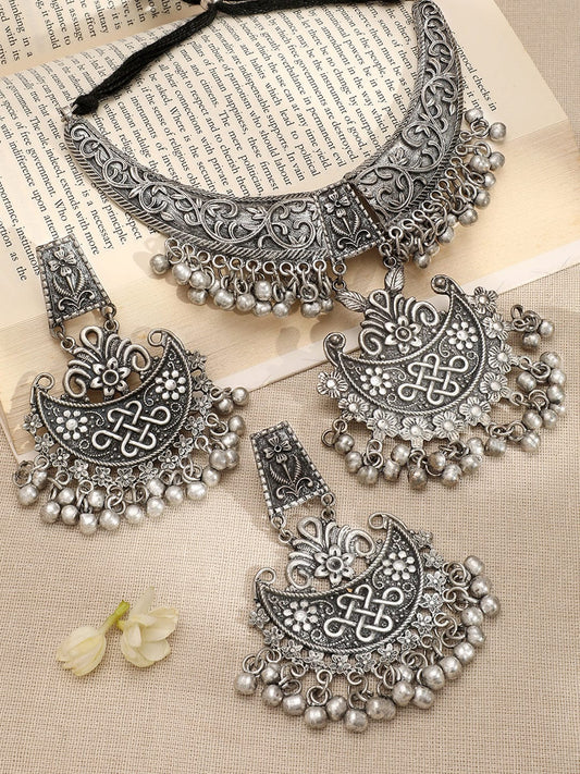Rubans Oxidized Silver-Plated Crescent Motif Choker Necklace Set with Silver Beads & Floral & Intricate Detailing