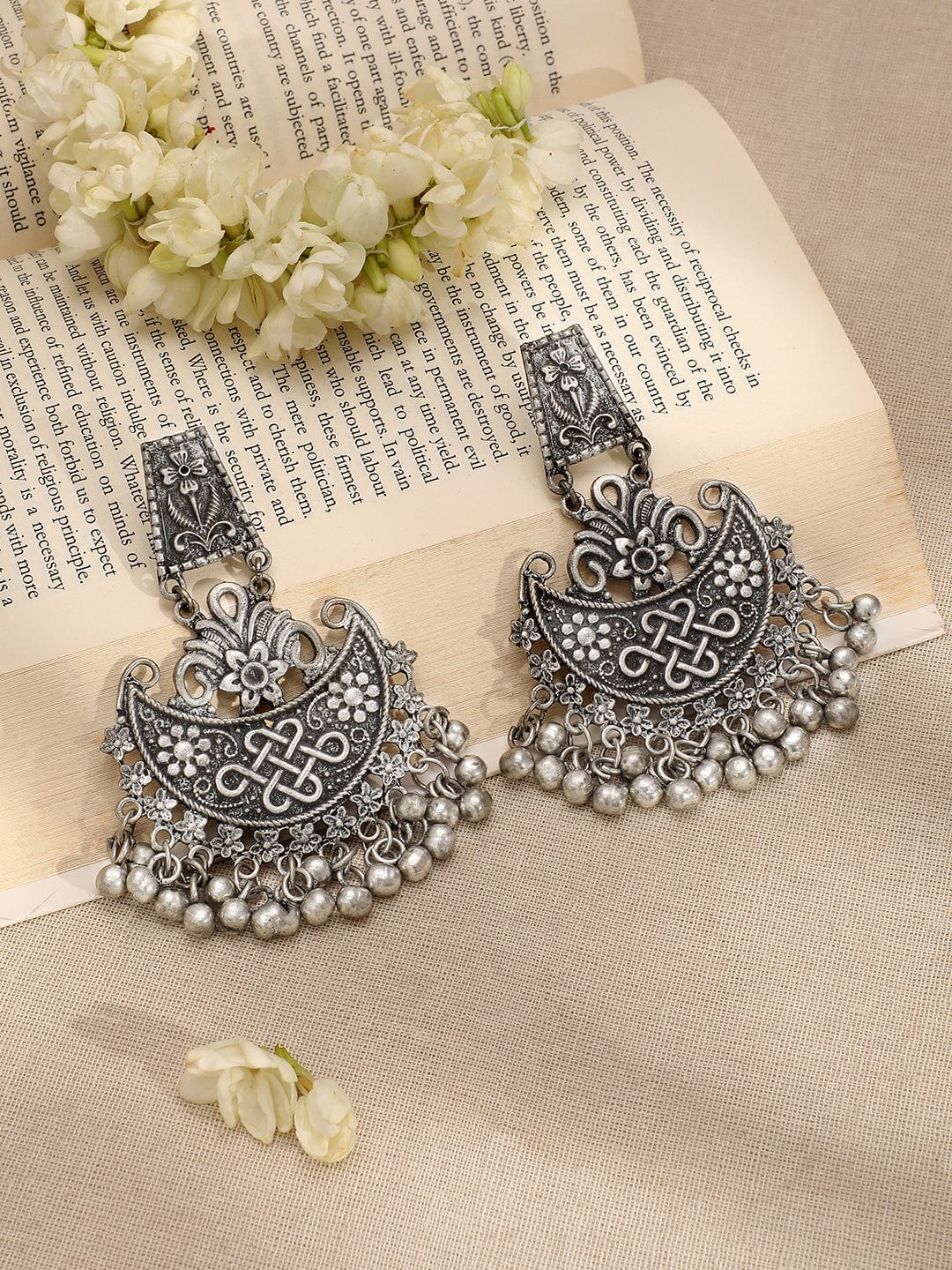 Rubans Oxidized Silver-Plated Crescent Motif Choker Necklace Set with Silver Beads & Floral & Intricate Detailing