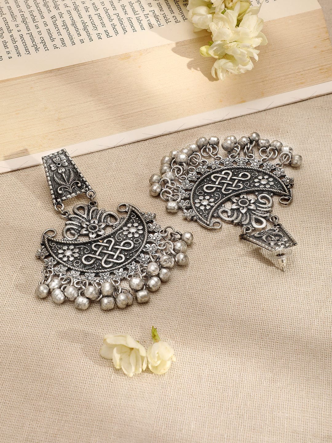 Rubans Oxidized Silver-Plated Crescent Motif Choker Necklace Set with Silver Beads & Floral & Intricate Detailing