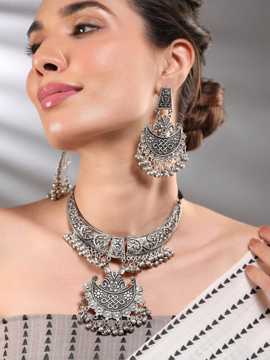 Rubans Oxidized Silver-Plated Crescent Motif Choker Necklace Set with Silver Beads & Floral & Intricate Detailing