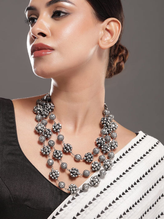 Rubans Oxidized Silver-Plated Triple-Layered Floral Bead Statement Necklace for Women