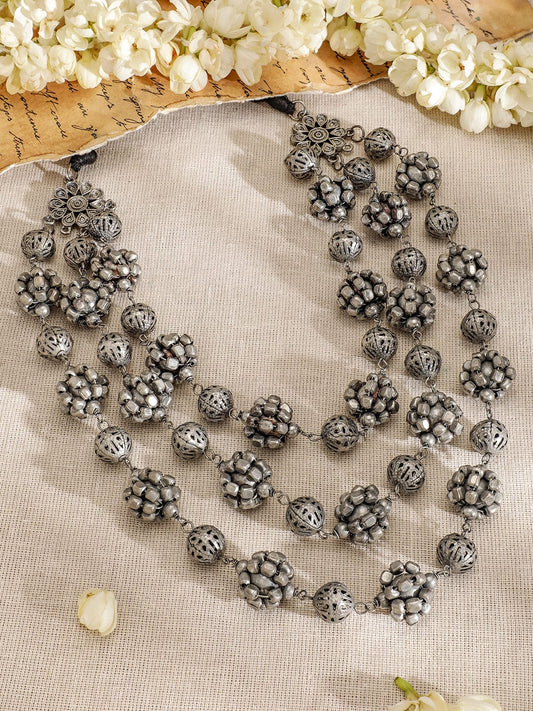 Rubans Oxidized Silver-Plated Triple-Layered Floral Bead Statement Necklace for Women