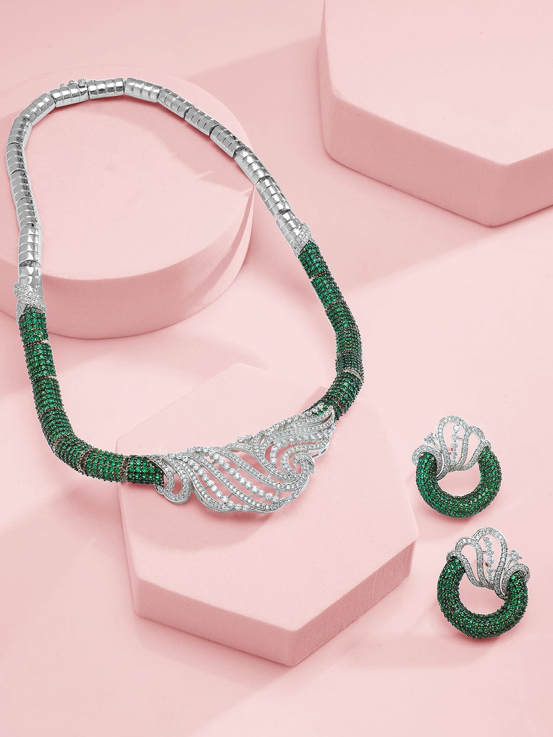 Rubans Silver-Plated Emerald Green & AAA Cubic Zirconia Statement Necklace Set with Artistic Wave Design