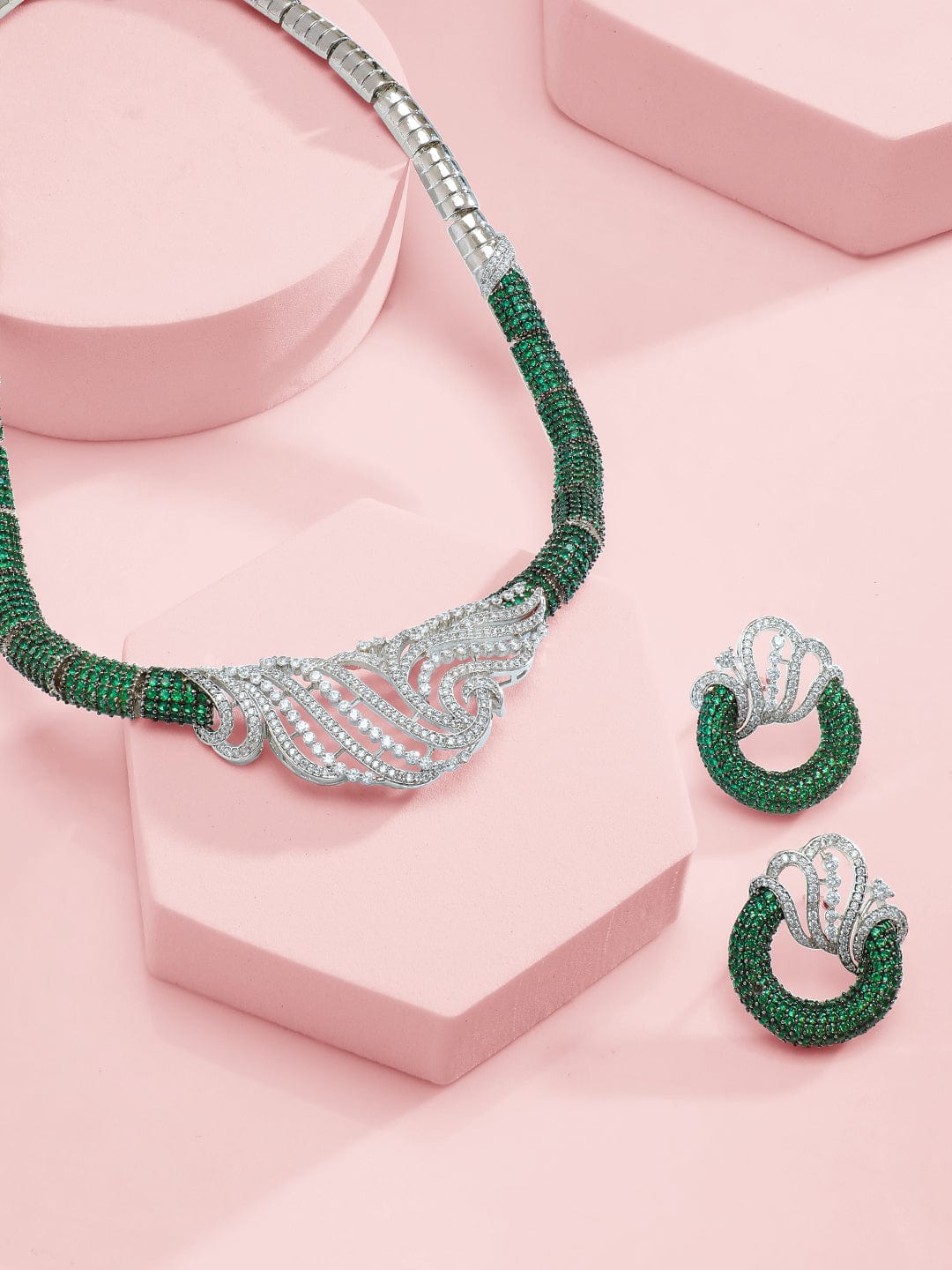 Rubans Silver-Plated Emerald Green & AAA Cubic Zirconia Statement Necklace Set with Artistic Wave Design