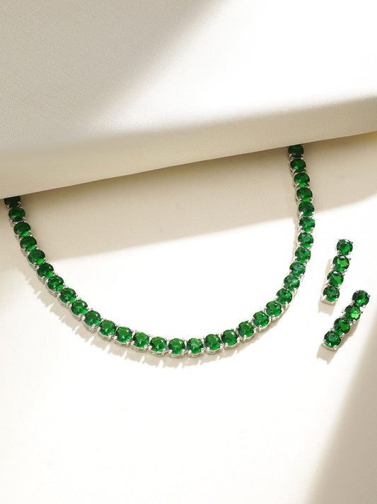 Rubans Silver Plated Emerald Green Stone Studded Necklace Set