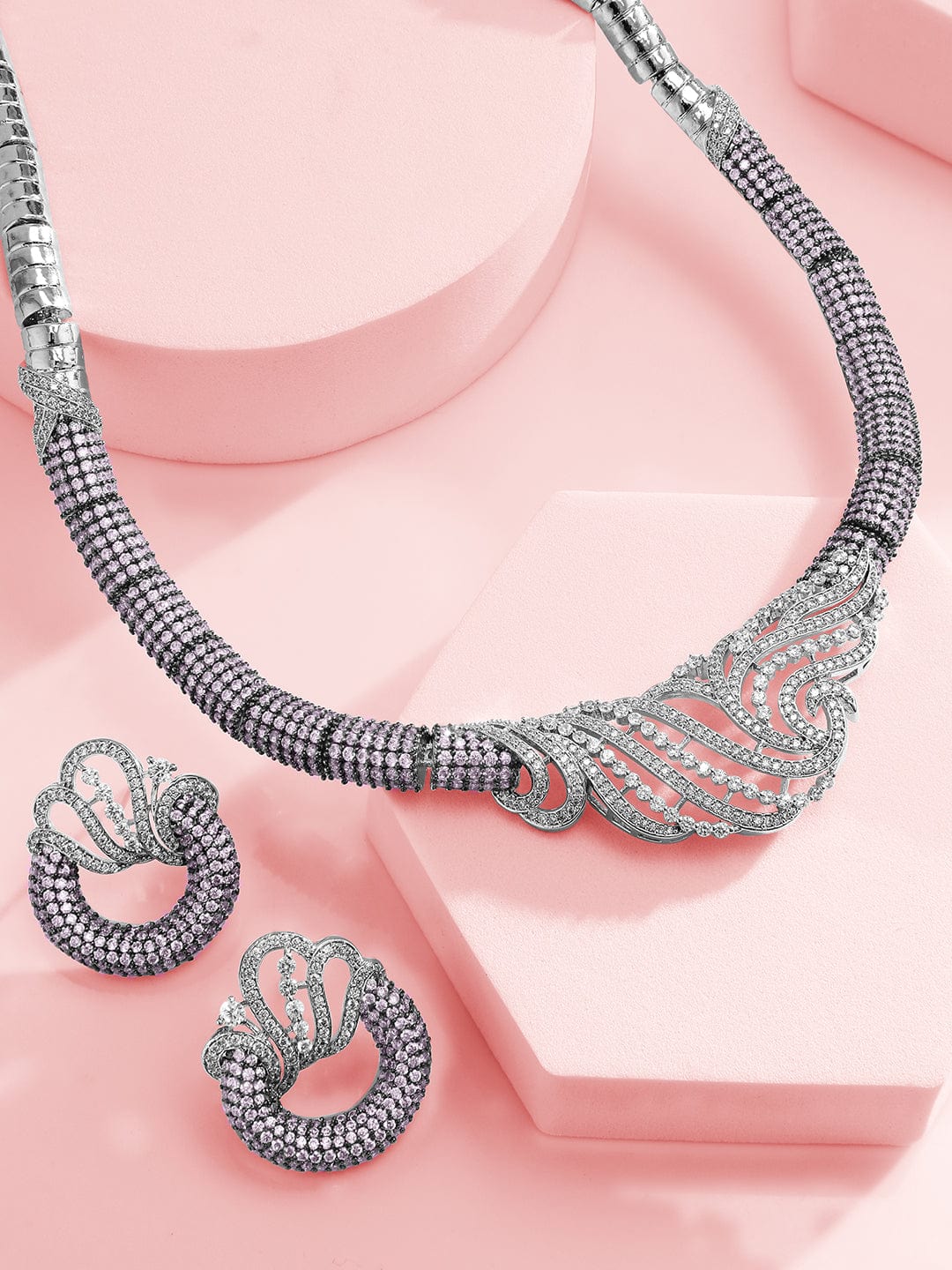 Rubans Silver-Plated Lavender & AAA Cubic Zirconia Studded Statement Necklace Set with Artistic Wave Design