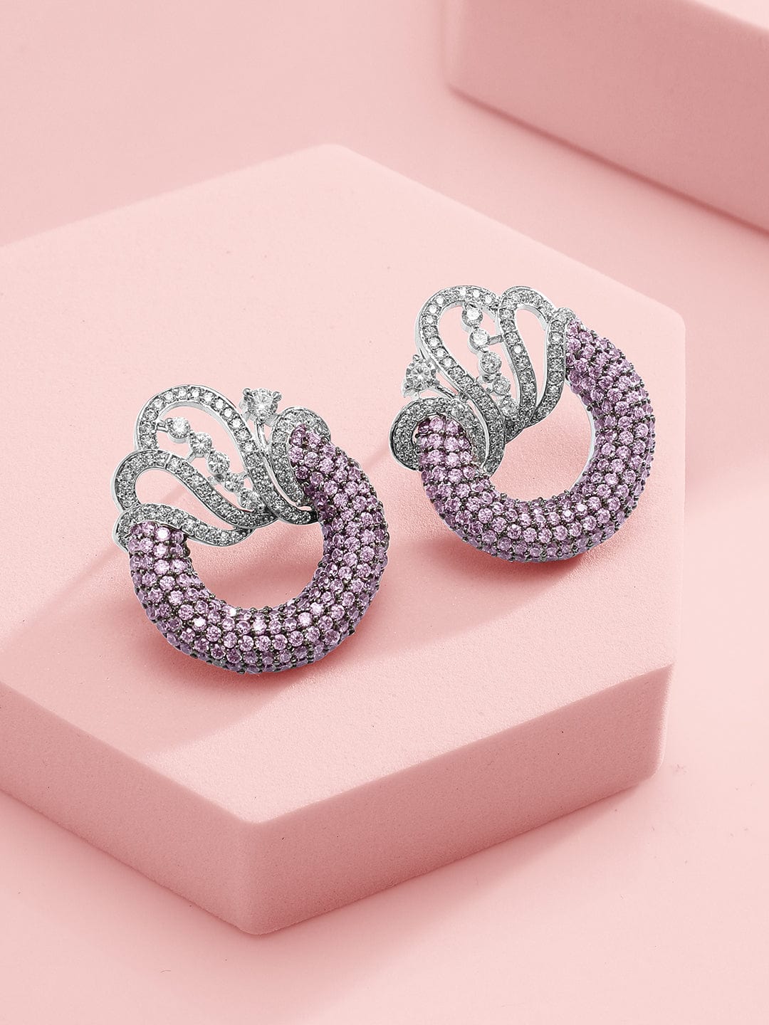 Rubans Silver-Plated Lavender & AAA Cubic Zirconia Studded Statement Necklace Set with Artistic Wave Design