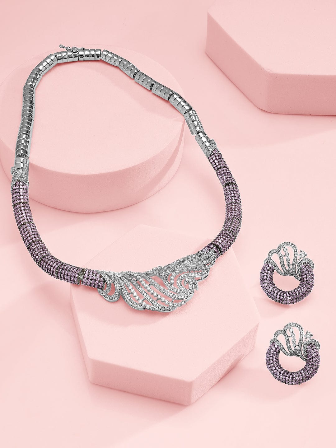 Rubans Silver-Plated Lavender & AAA Cubic Zirconia Studded Statement Necklace Set with Artistic Wave Design
