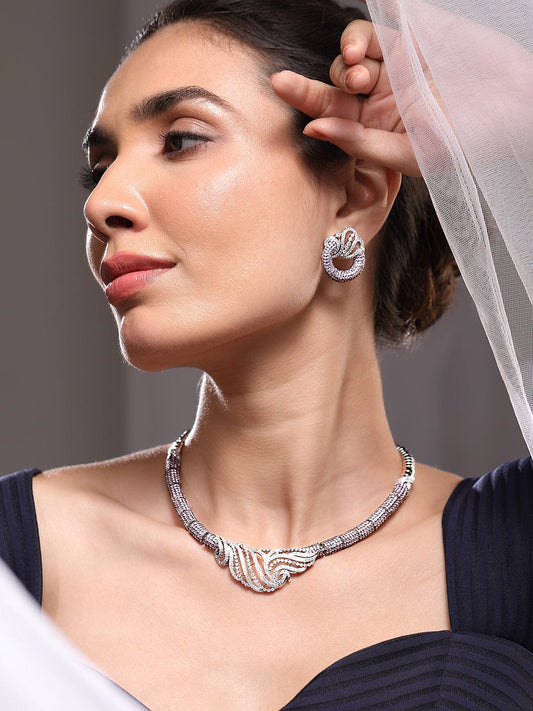 Rubans Silver-Plated Lavender & AAA Cubic Zirconia Studded Statement Necklace Set with Artistic Wave Design