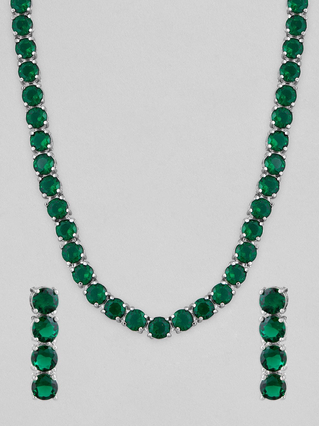 Rubans Silver Plated Emerald Green Stone Studded Necklace Set