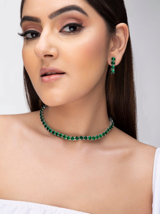 Rubans Silver Plated Emerald Green Stone Studded Necklace Set