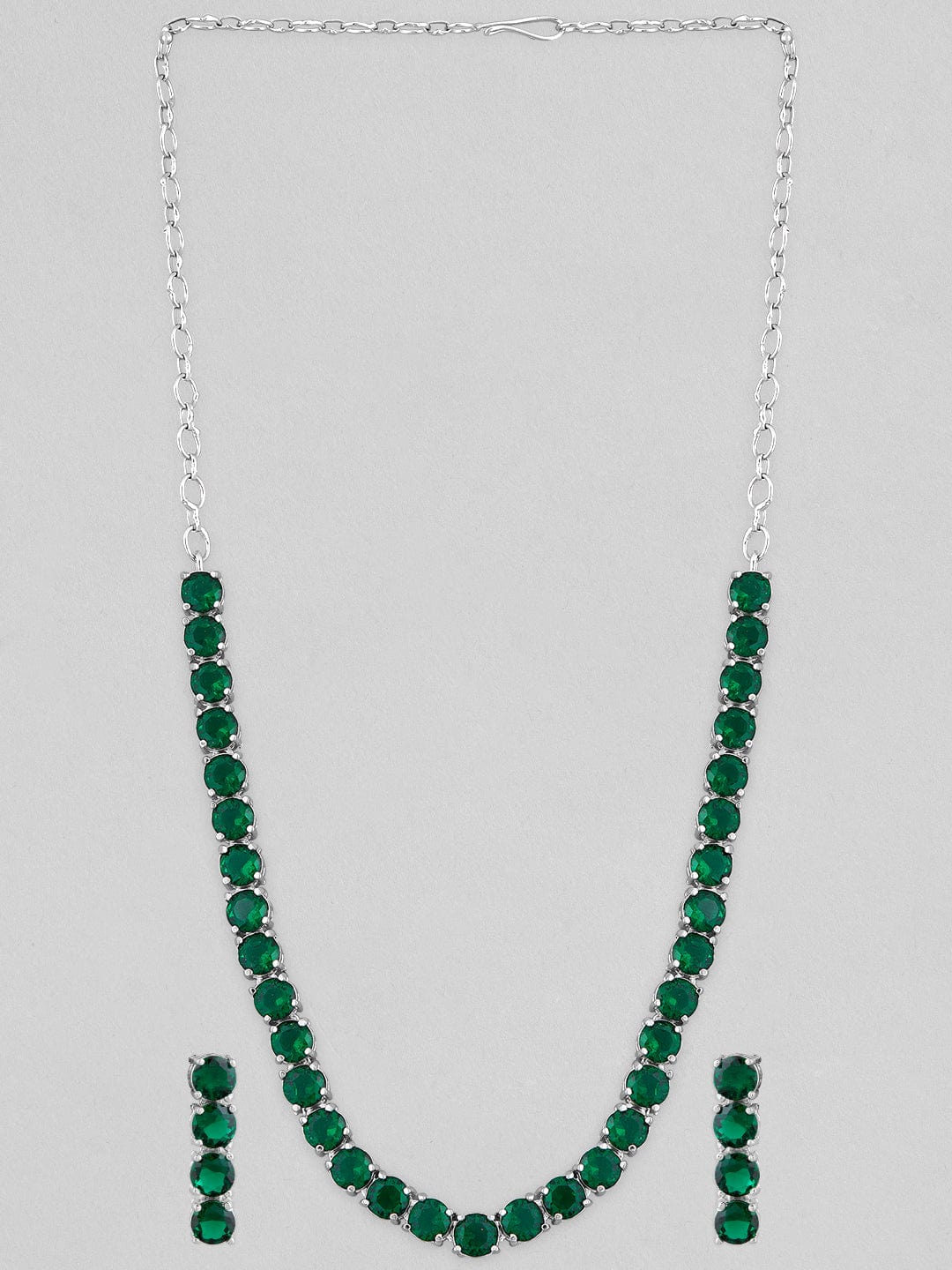 Rubans Silver Plated Emerald Green Stone Studded Necklace Set