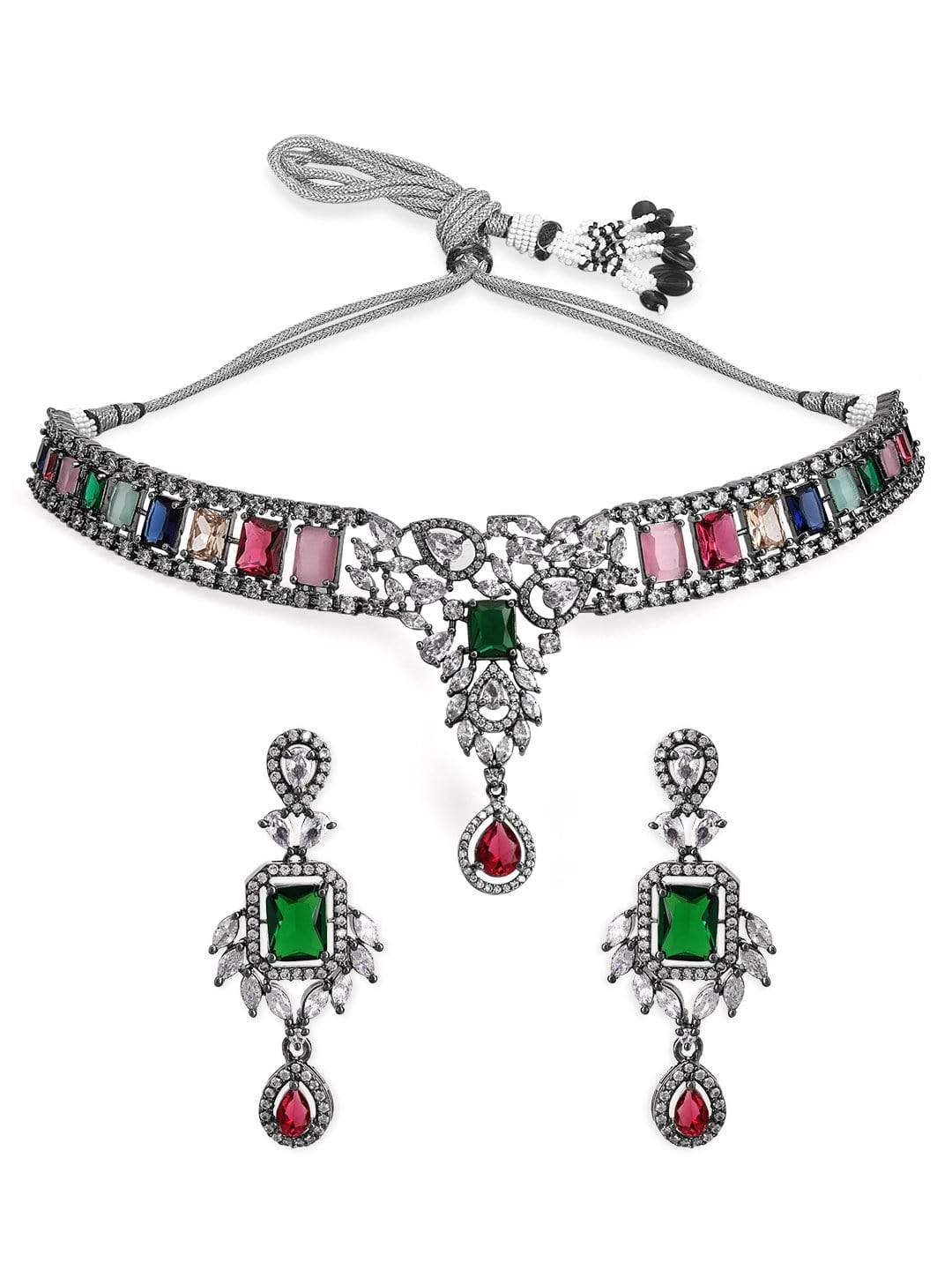 Rubans Silver Plated Multicoloured Stone Studded American Diamond Necklace Set.