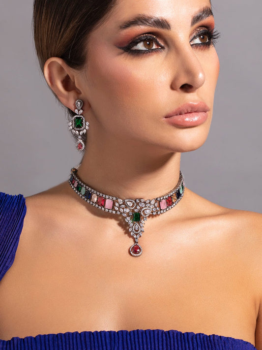 Rubans Silver Plated Multicoloured Stone Studded American Diamond Necklace Set.
