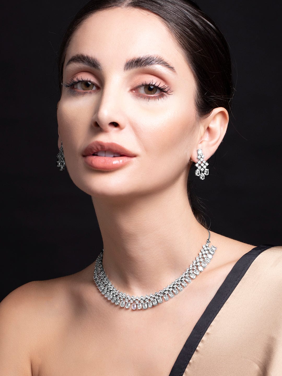 Rubans Rhodium-Plated White Cubic Zirconia Studded Statement Necklace Set