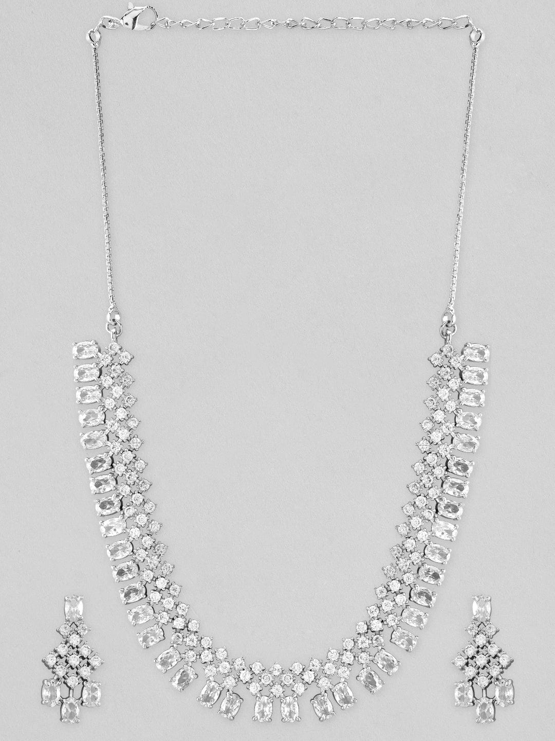 Rubans Rhodium-Plated White Cubic Zirconia Studded Statement Necklace Set