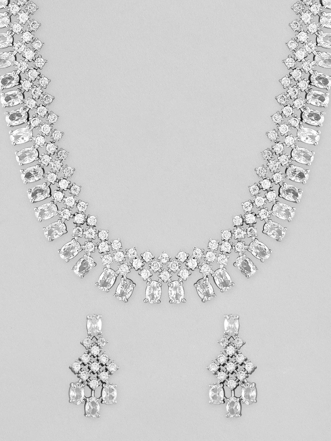 Rubans Rhodium-Plated White Cubic Zirconia Studded Statement Necklace Set
