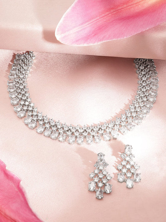 Rubans Rhodium-Plated White Cubic Zirconia Studded Statement Necklace Set