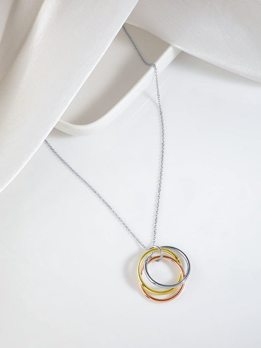 Rubans Silver-Plated Triple Tone Circular Pendant Necklace in Gold, Silver & Copper Tones
