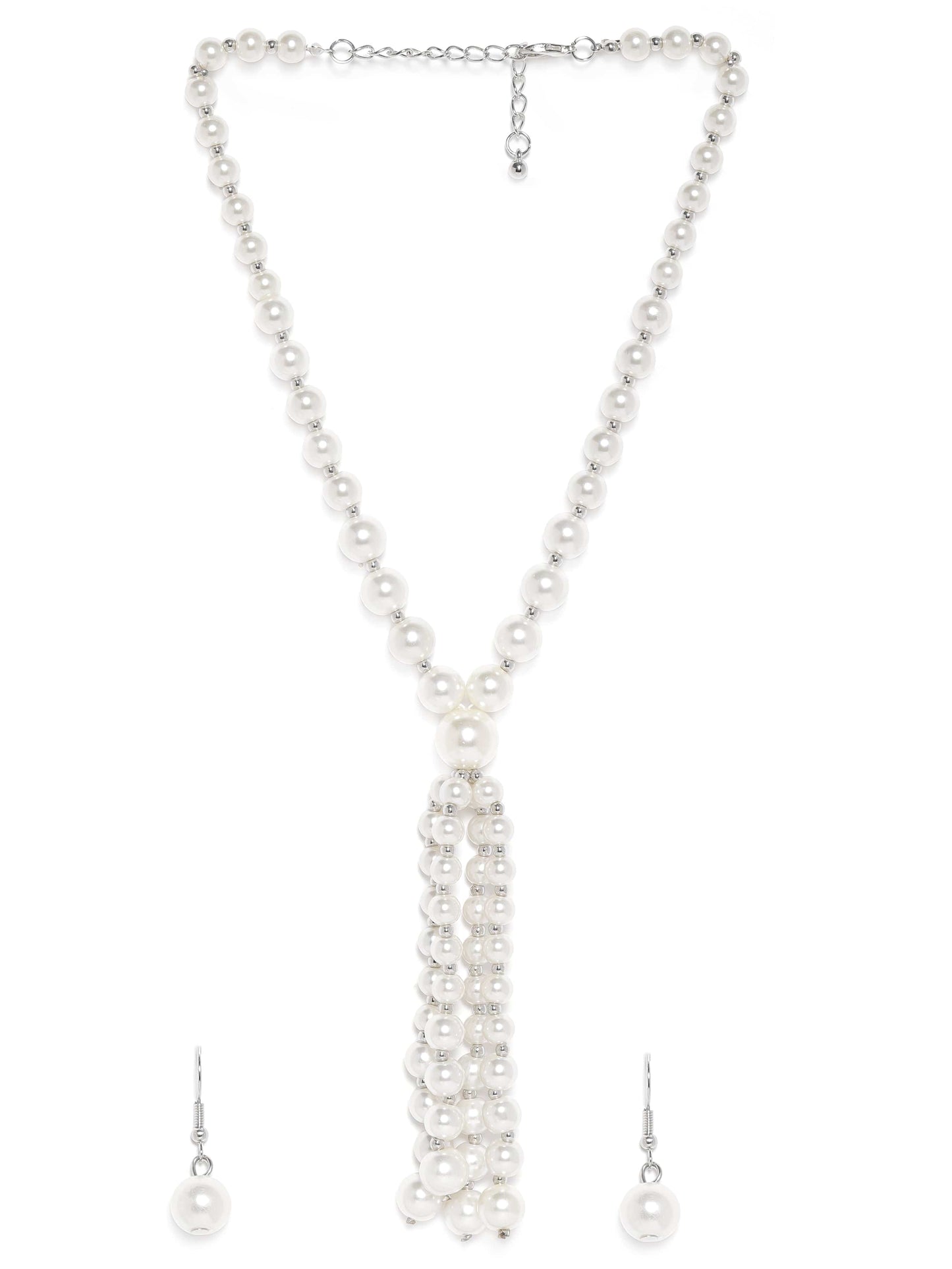 Rubans Silver Plated White Pearl Beaded Multi-Layer Long Statement Necklace Set