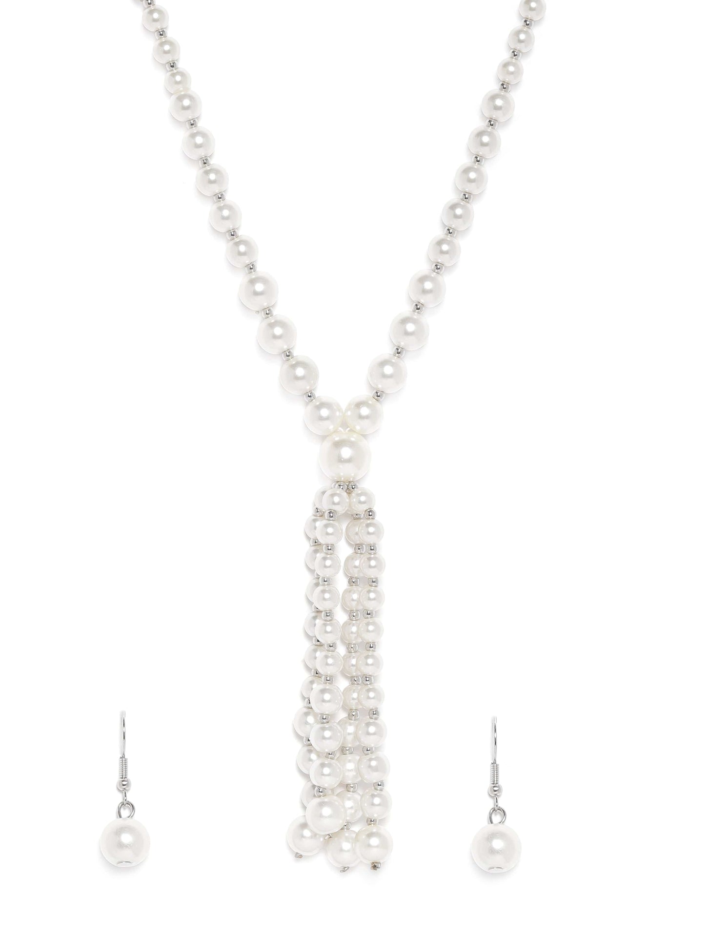 Rubans Silver Plated White Pearl Beaded Multi-Layer Long Statement Necklace Set