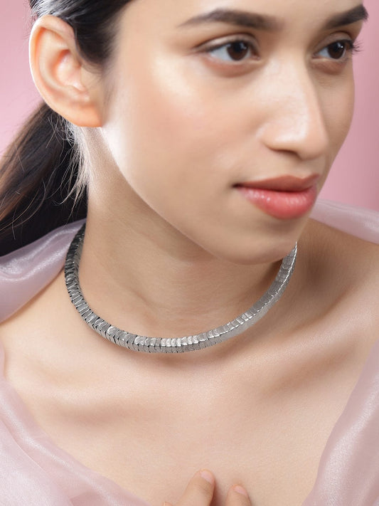 Rubans Silver-Toned Textured Link Statement Choker Necklace for Women