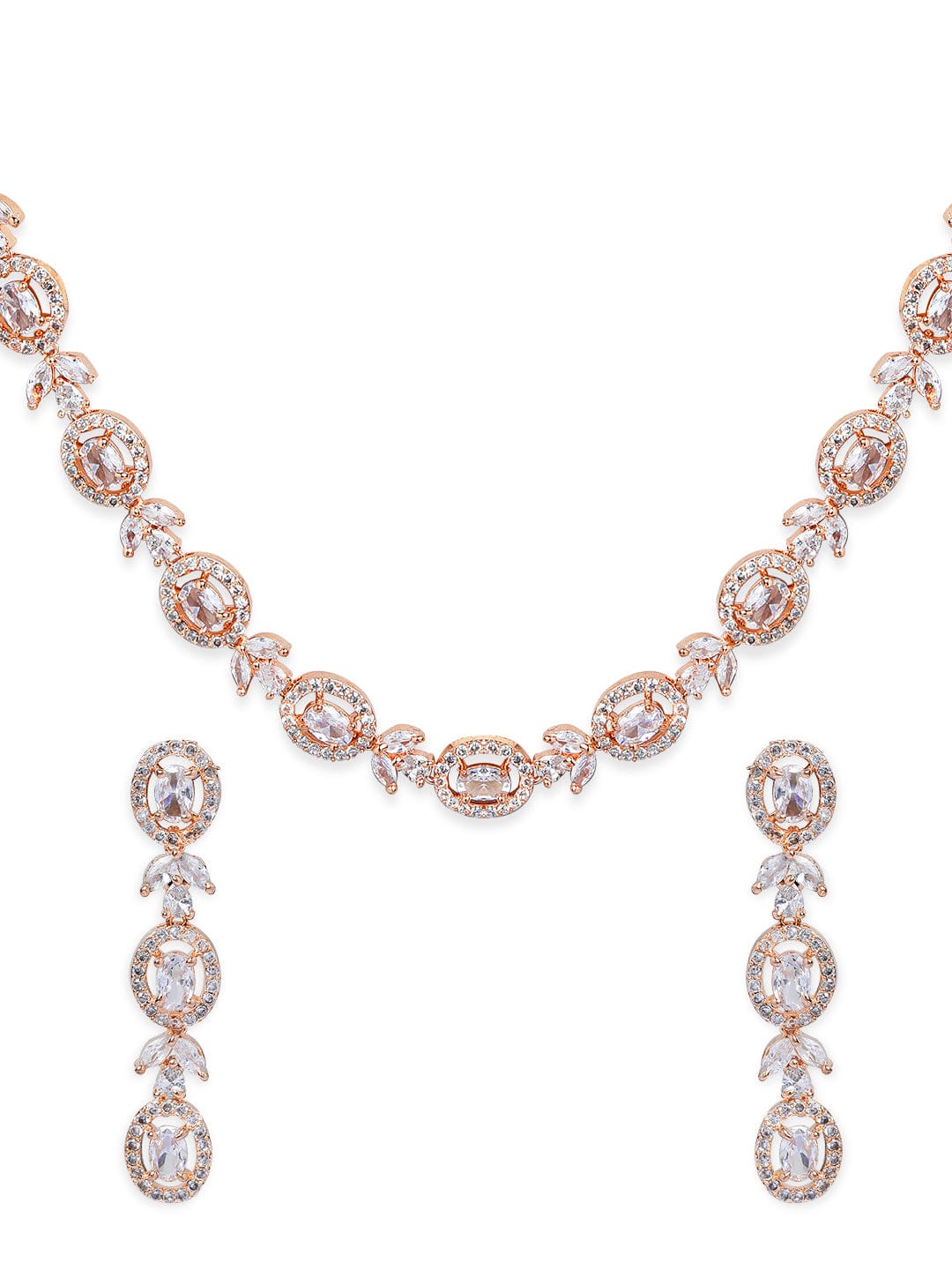 Rubans Simple Gold Toned CZ Necklace Set with Long Earrings