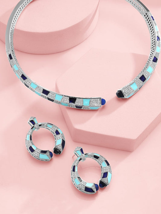 Rubans Sliver Plated CZ Stone Studded Statement Choker Necklace Set