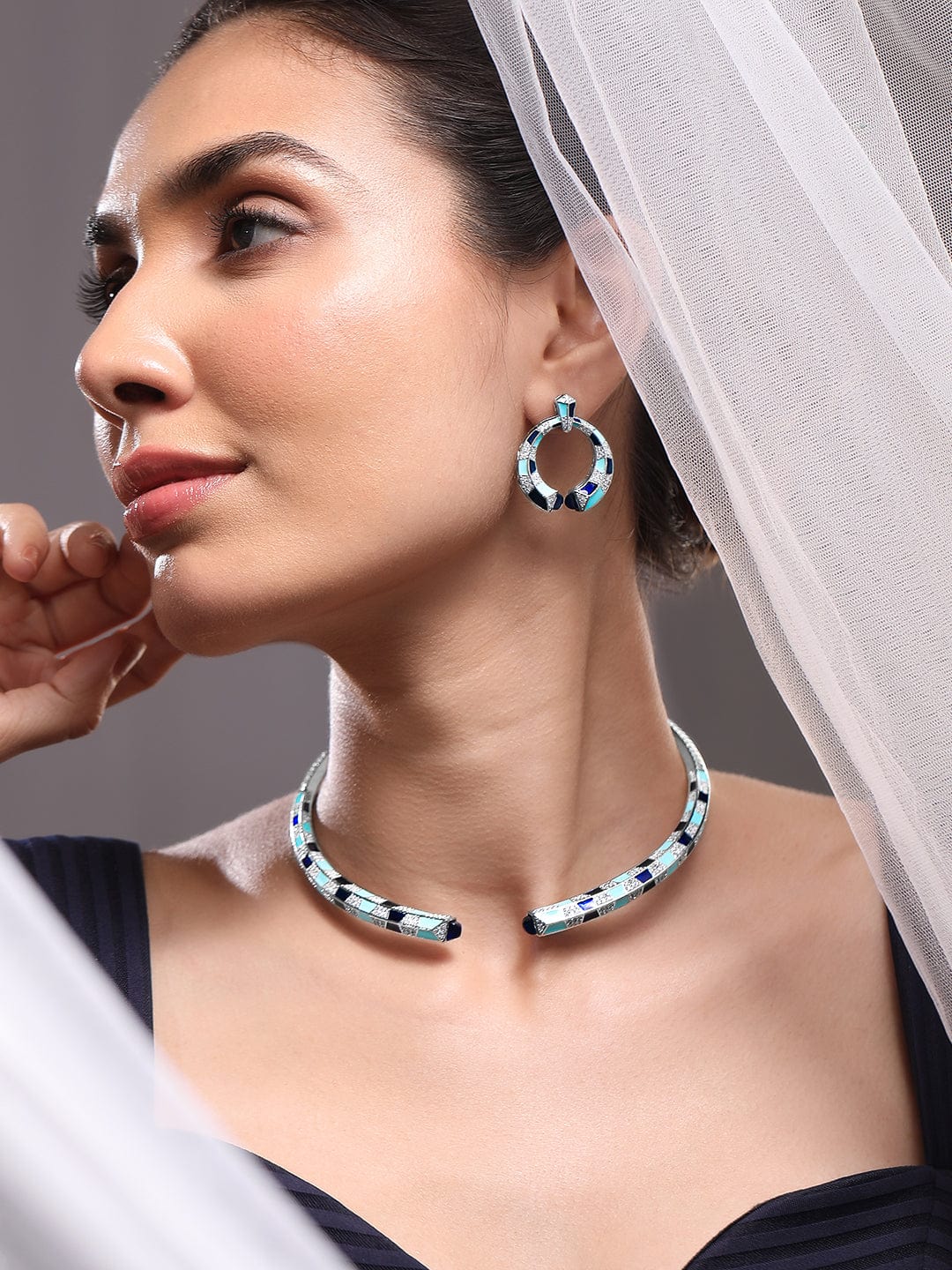 Rubans Sliver Plated CZ Stone Studded Statement Choker Necklace Set
