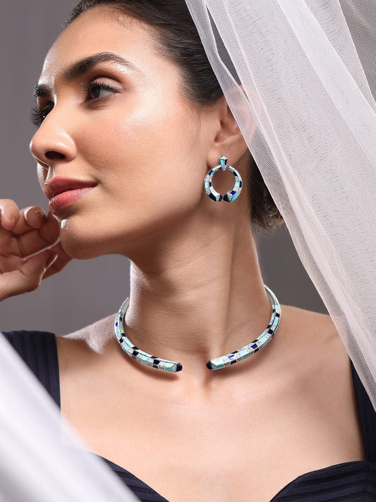 Rubans Sliver Plated CZ Stone Studded Statement Choker Necklace Set