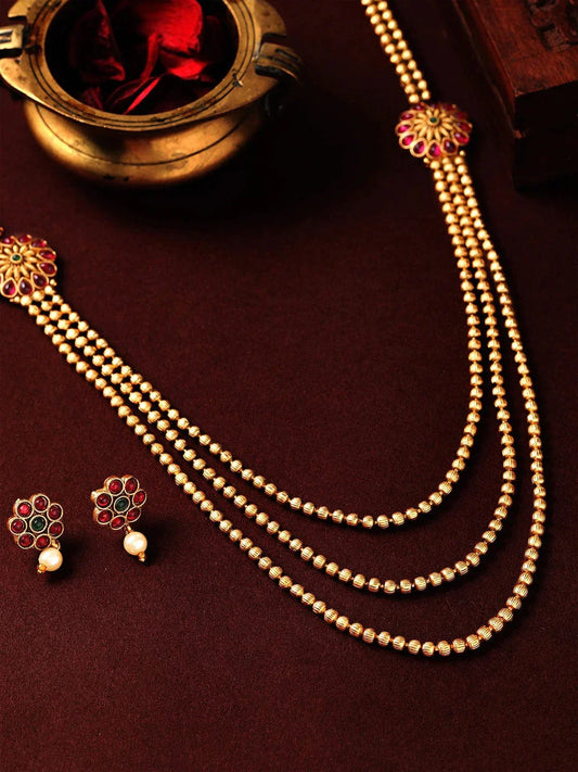 Rubans Traditional 18K Gold Plated Layered Necklace Set With Ruby Stoned Earrings