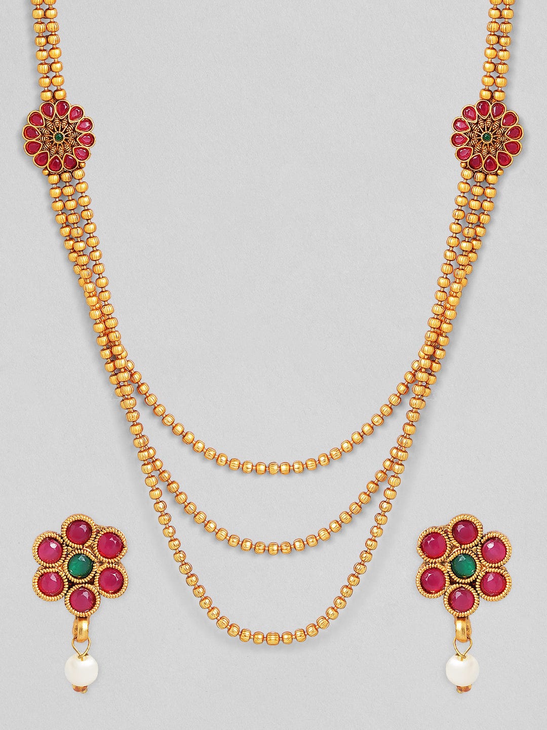 Rubans Traditional 18K Gold Plated Layered Necklace Set With Ruby Stoned Earrings