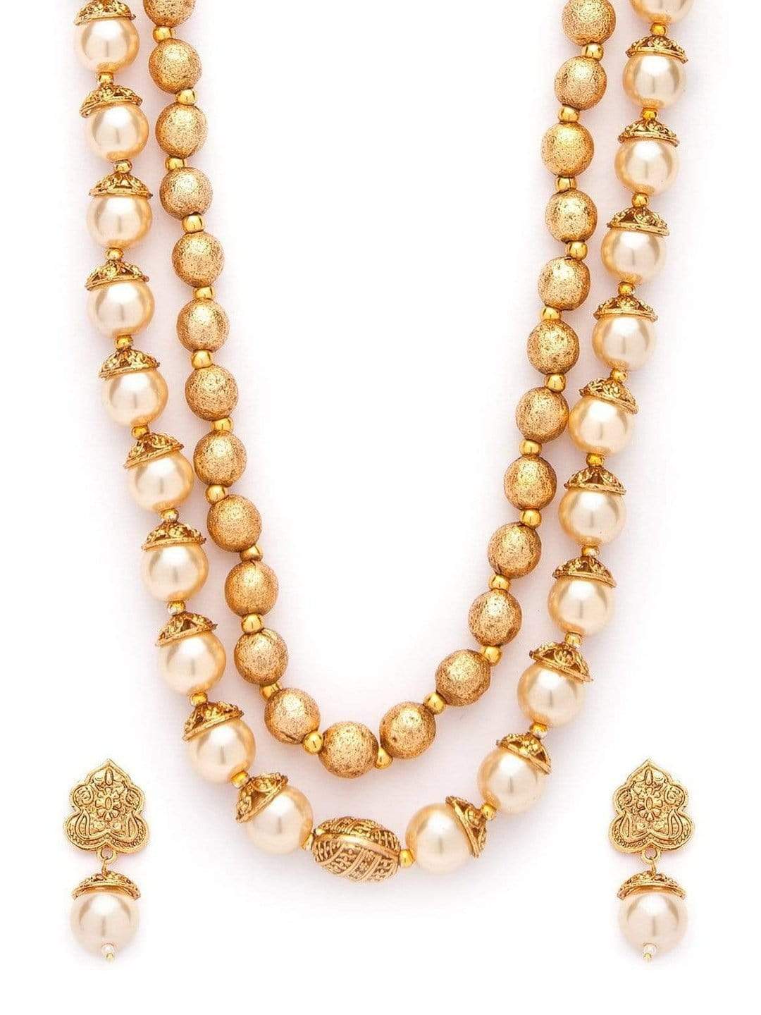 Rubans Traditional Handmade Pearl And Antique Gold Beads Strand Multilayer Necklace Set