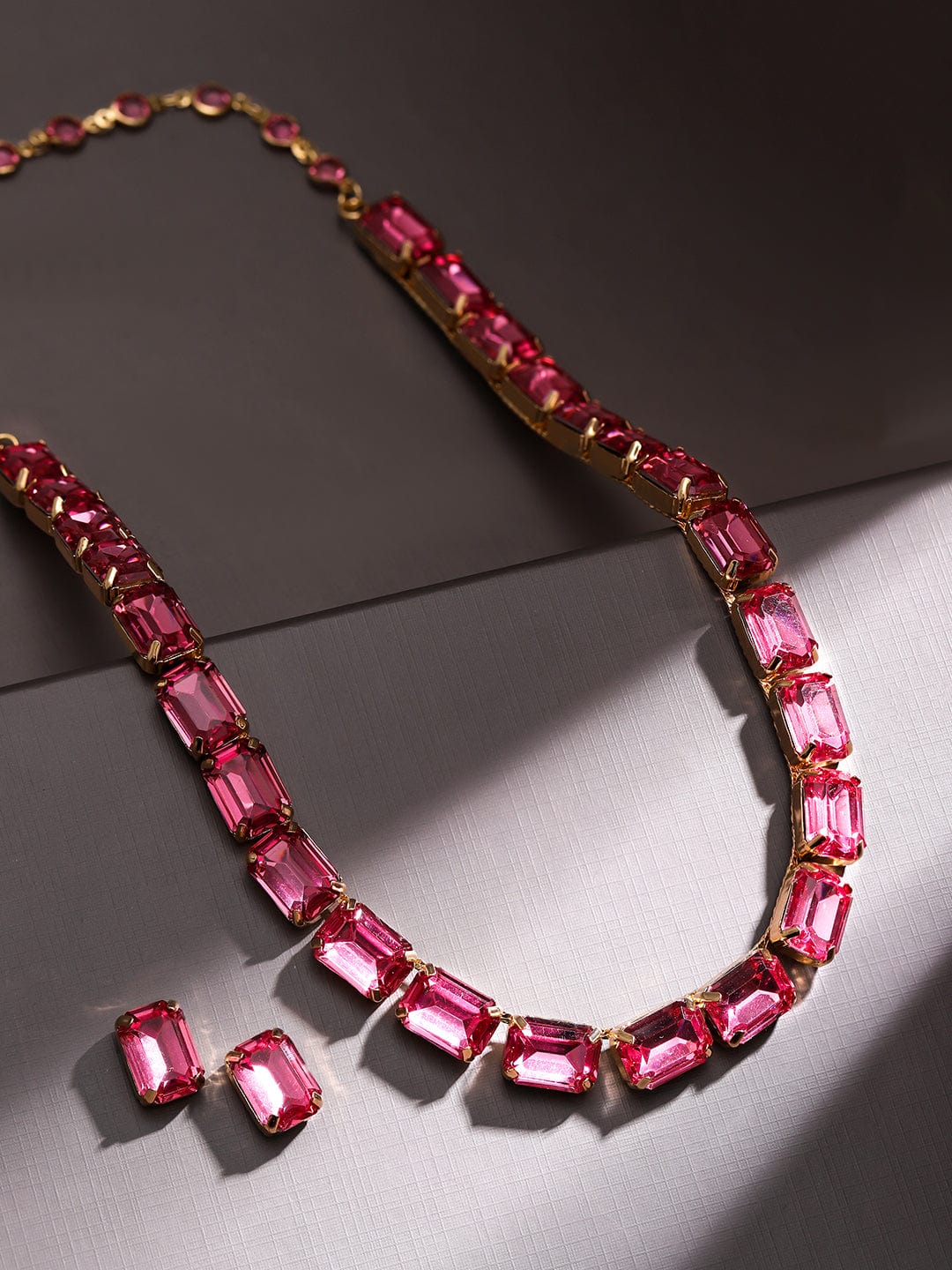 Rubans Voguish 18K Gold-Plated Crystal Pink Cubic Zirconia Studded Statement Necklace Set