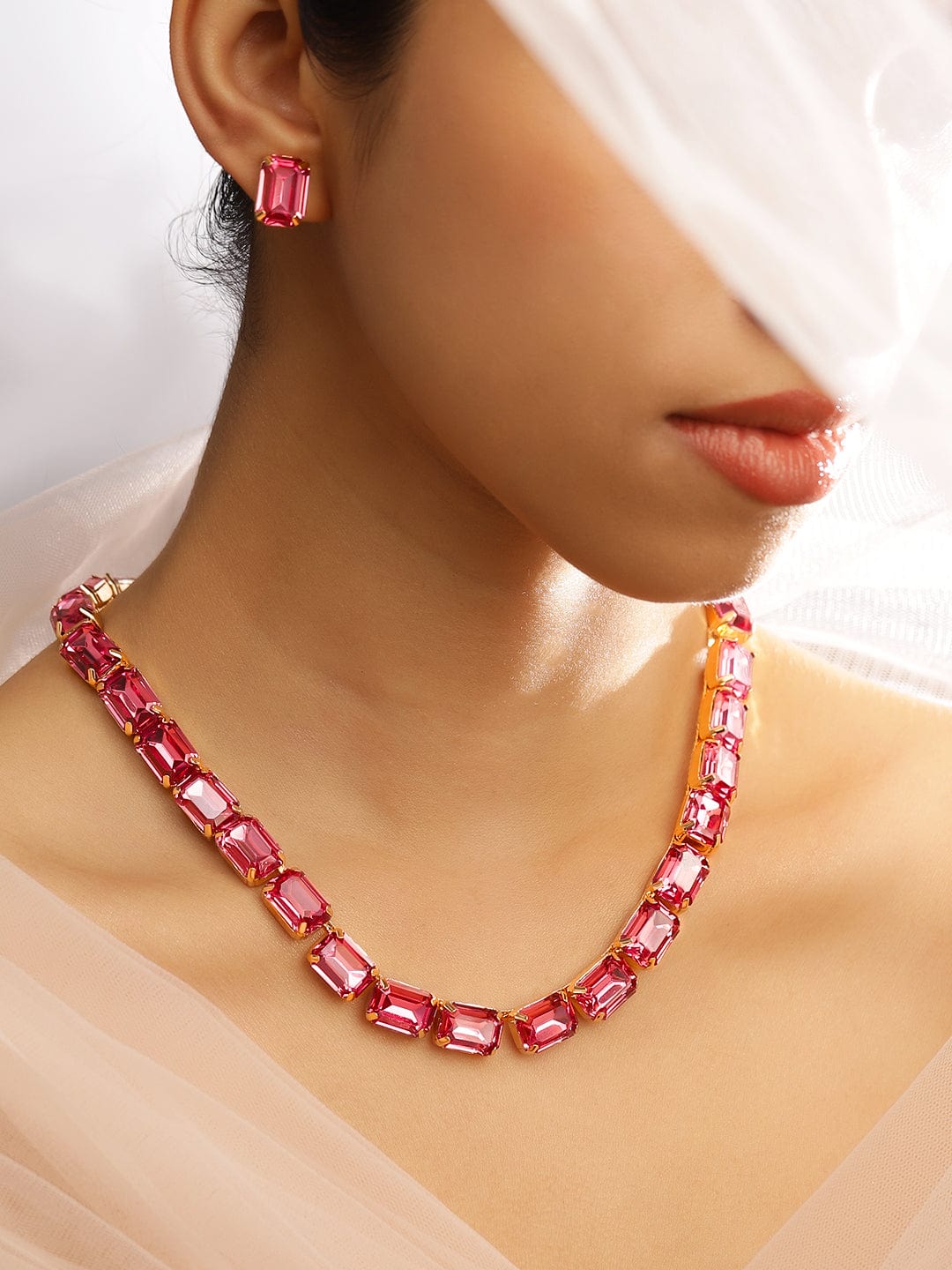 Rubans Voguish 18K Gold-Plated Crystal Pink Cubic Zirconia Studded Statement Necklace Set