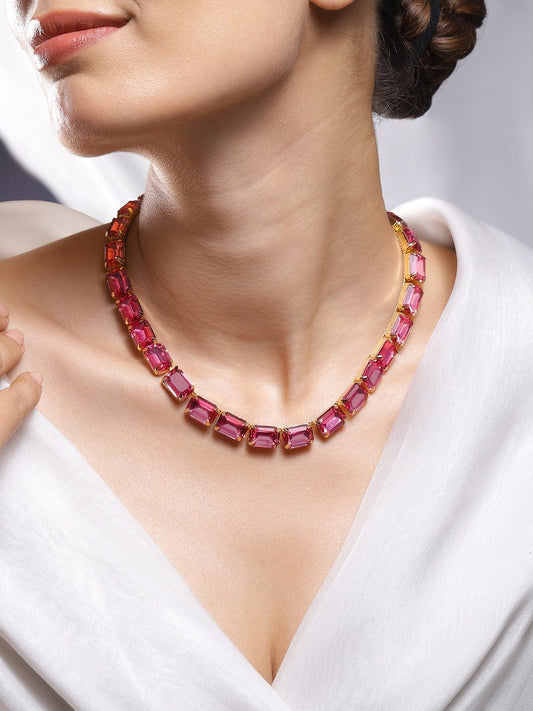 Rubans Voguish 18K Gold-Plated Crystal Pink Cubic Zirconia Studded Statement Necklace Set