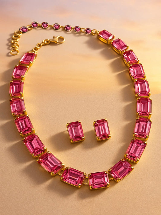 Rubans Voguish 18K Gold-Plated Crystal Pink Cubic Zirconia Studded Statement Necklace Set