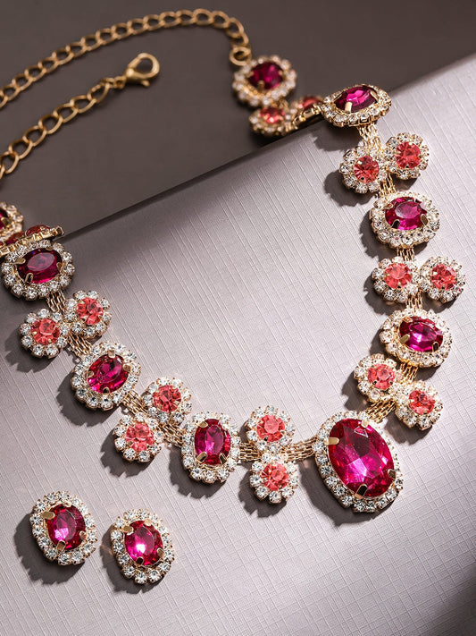 Rubans Voguish 18K Gold-Plated Crystal Ruby Pink & Peach Cubic Zirconia Necklace Set
