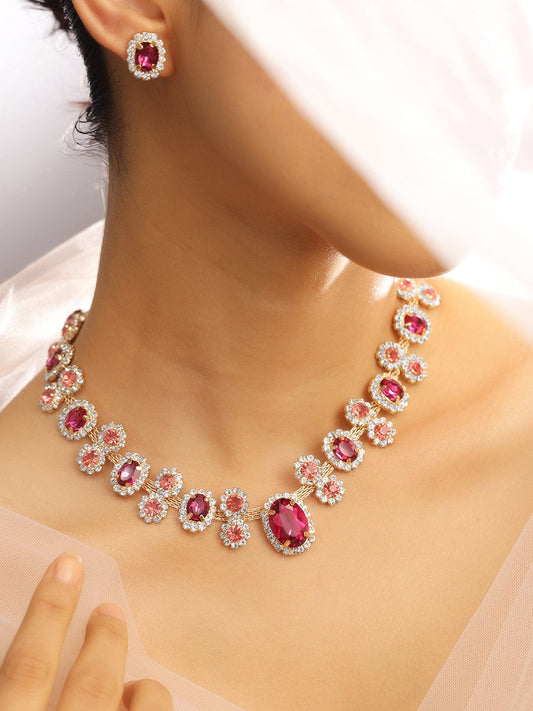 Rubans Voguish 18K Gold-Plated Crystal Ruby Pink & Peach Cubic Zirconia Necklace Set