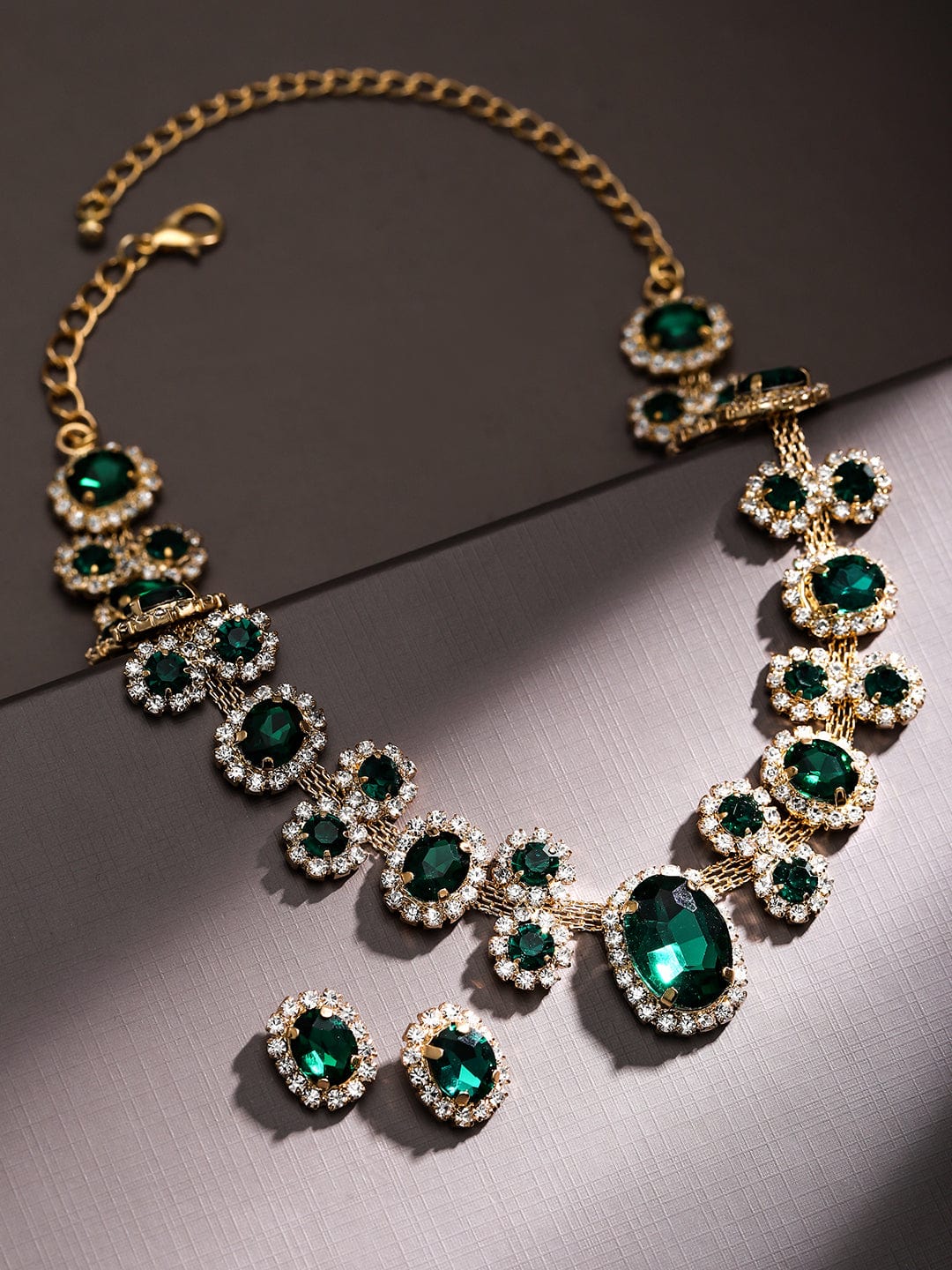 Rubans Voguish 18K Gold-Plated Emerald Green Crystal & Cubic Zirconia Studded Necklace Set