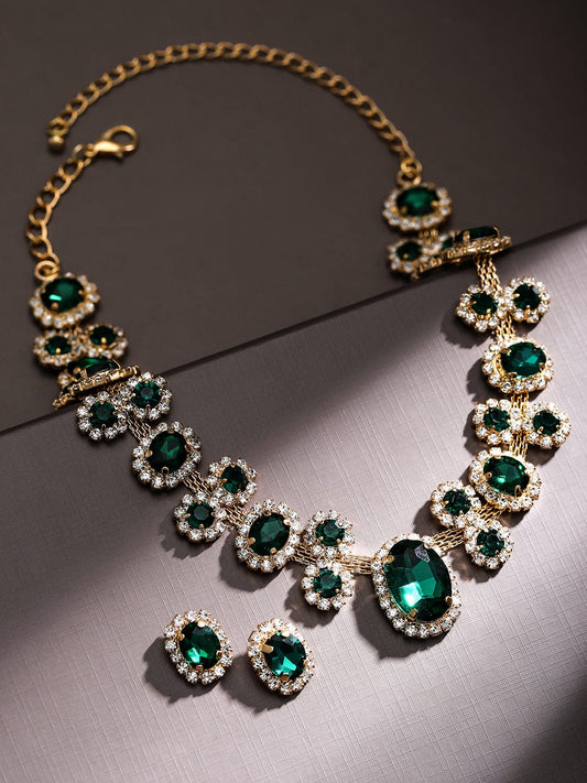 Rubans Voguish 18K Gold-Plated Emerald Green Crystal & Cubic Zirconia Studded Necklace Set