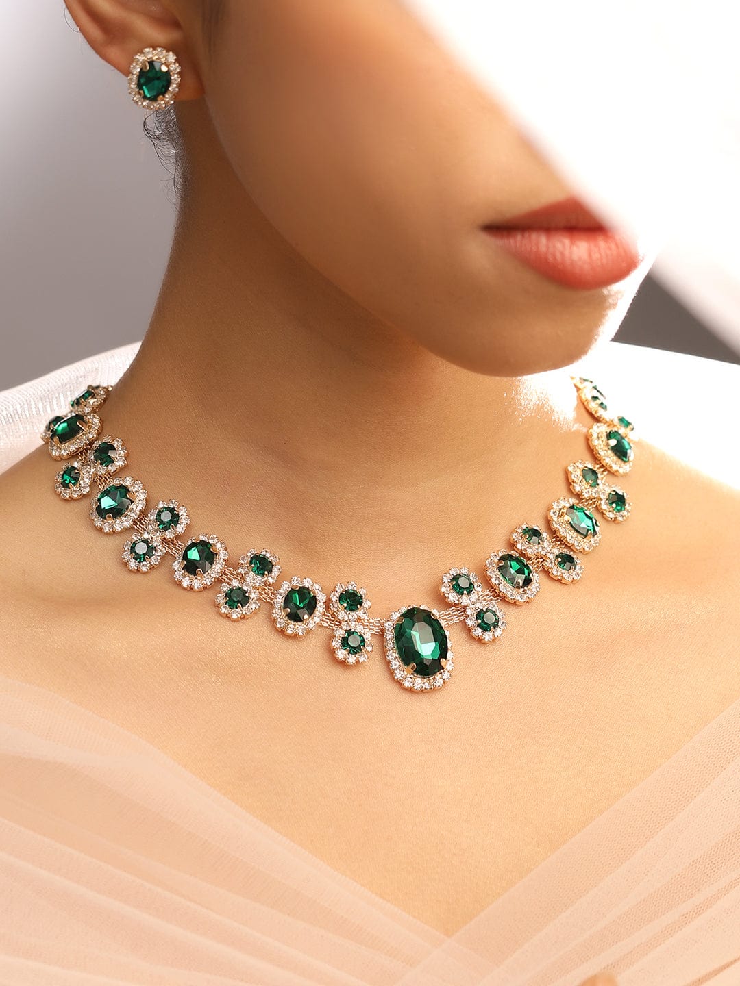 Rubans Voguish 18K Gold-Plated Emerald Green Crystal & Cubic Zirconia Studded Necklace Set