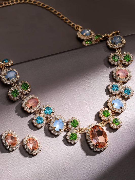 Rubans Voguish 18K Gold-Plated Multicolor Crystal & Cubic Zirconia Statement Necklace Set