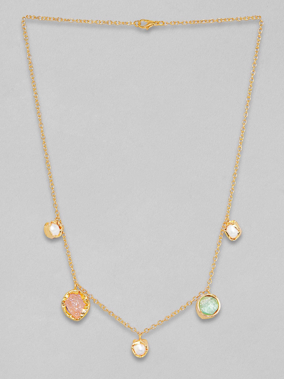 Rubans Voguish 18K Gold Plated On Copper Handcrafted Chain With Uncut Stones And Pearls Charms Necklace.